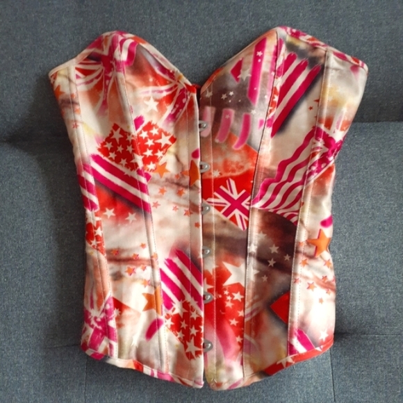 nomi Tops - Corset with USA & UK Union Jack flag design in red, pink, orange, and cream